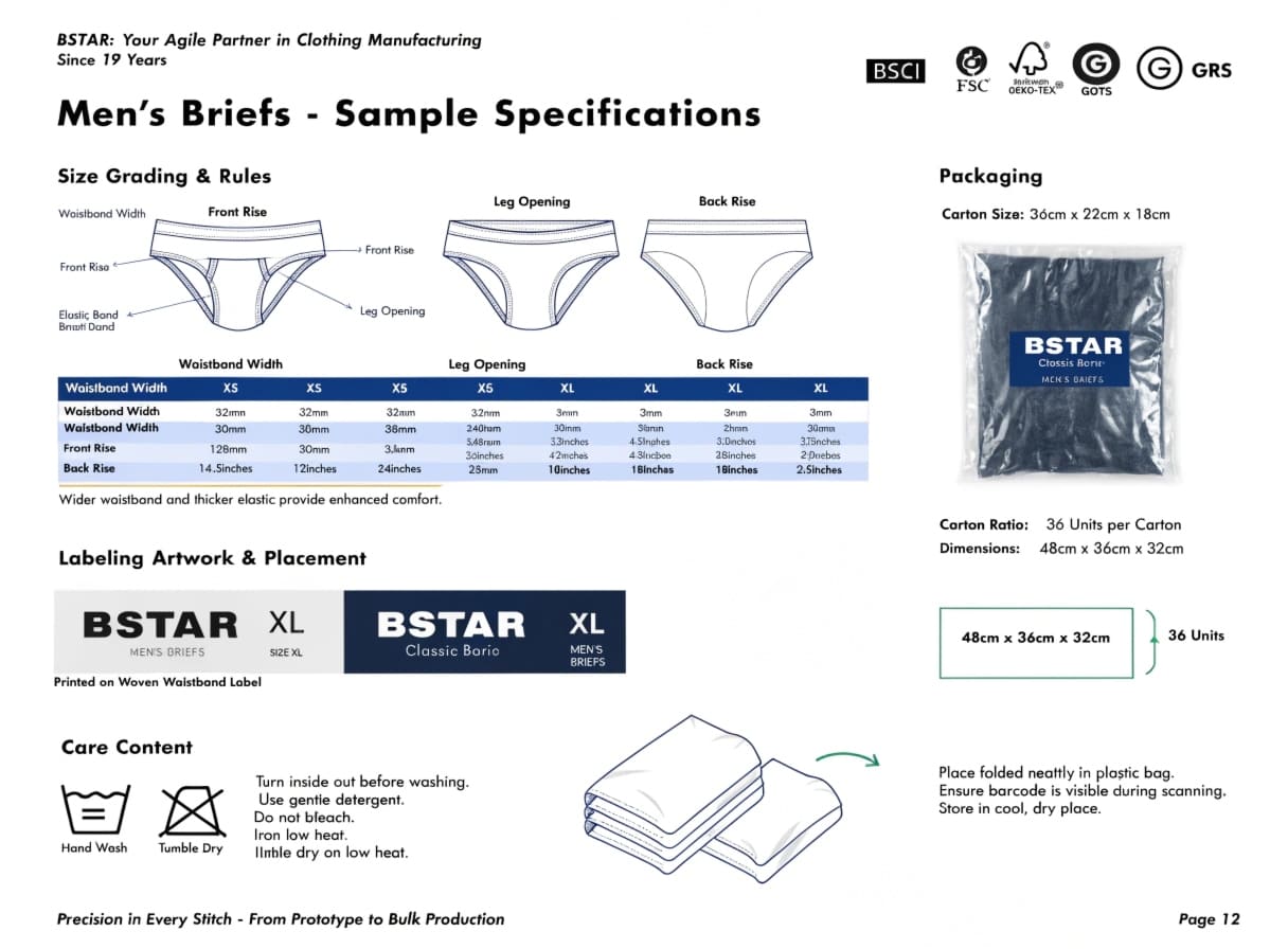 BSTAR men's briefs sample specifications with size grading, labeling, and packaging details