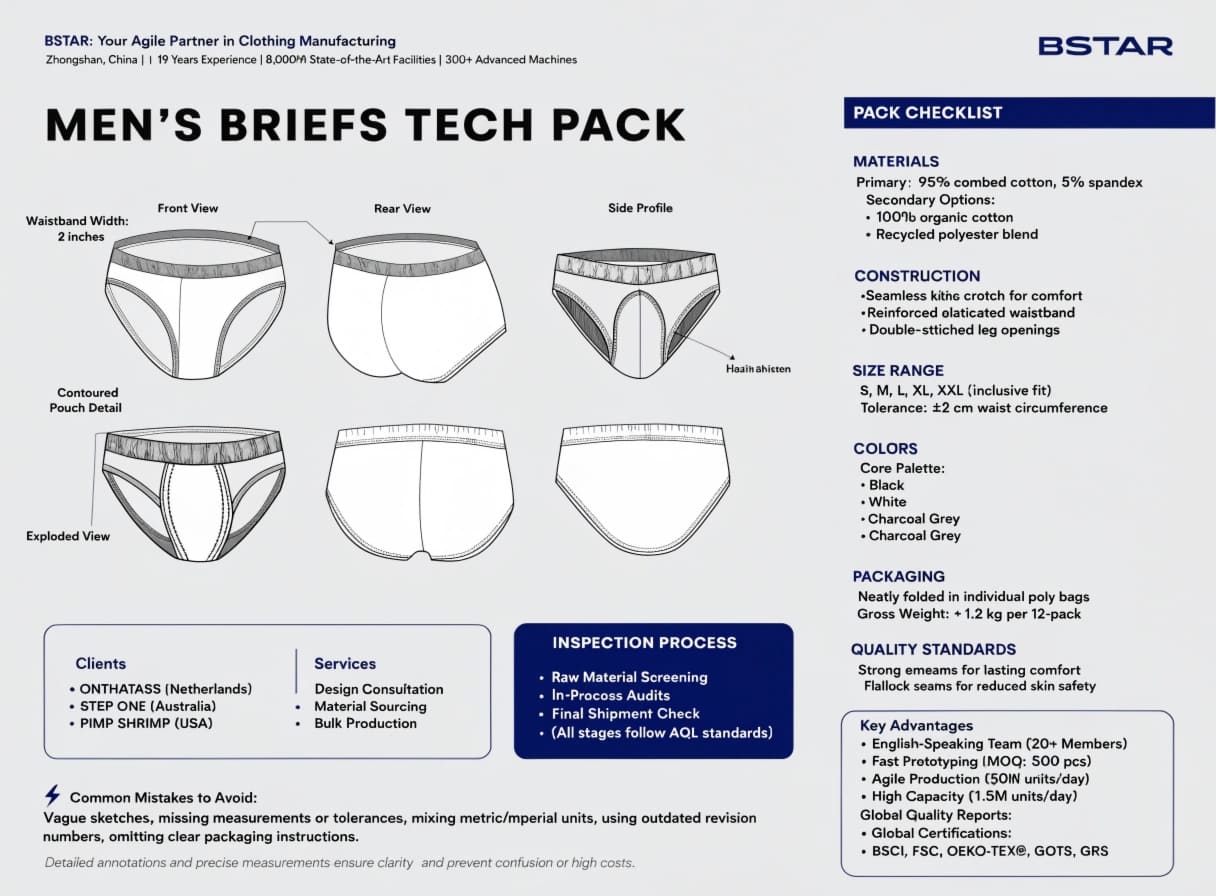 BSTAR men's briefs tech pack showing design specs, materials, and quality inspection process