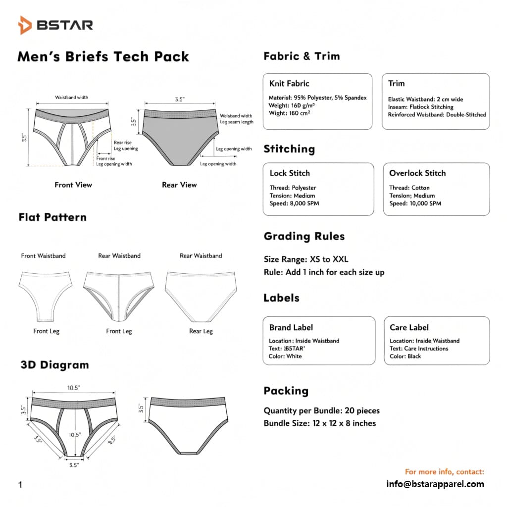 BSTAR men's briefs technical specification sheet showing design, measurements, and fabric details