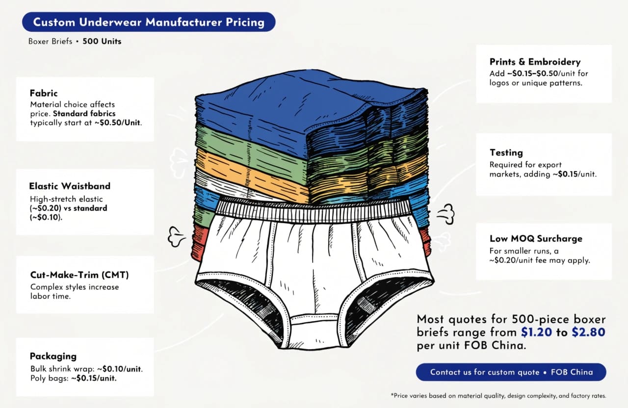 custom underwear pricing, cost breakdown, 500 units