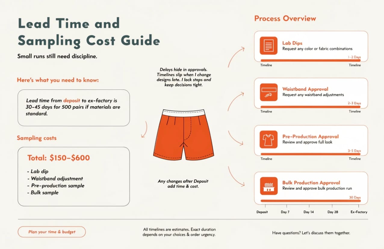 lead time for 500 custom boxers, sampling cost, B2B timeline
