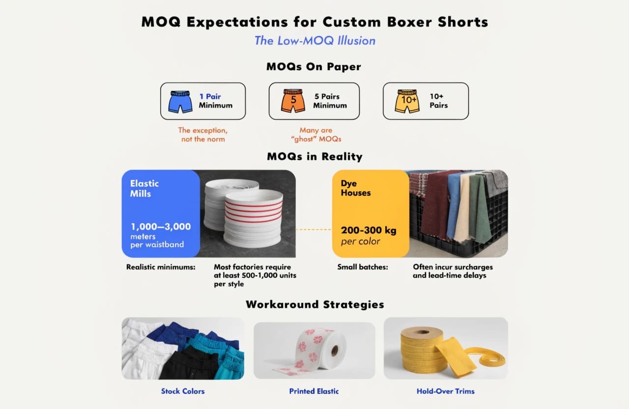 MOQ for custom boxers, fabric and waistband MOQs, small batch workarounds