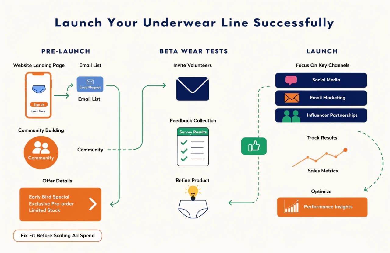 underwear line launch, prelaunch, beta testing
