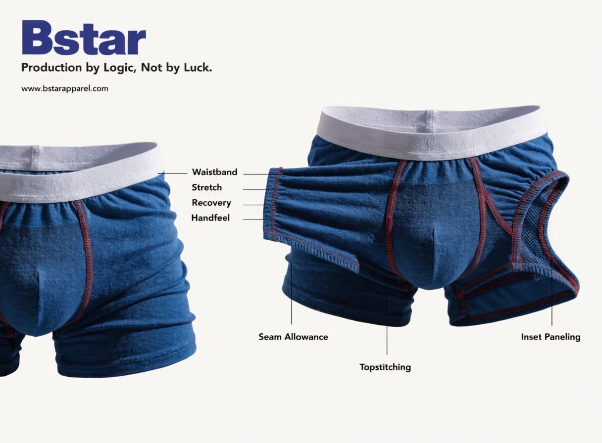 Detailed construction features of men's boxer briefs showing waistband stretch and inset paneling