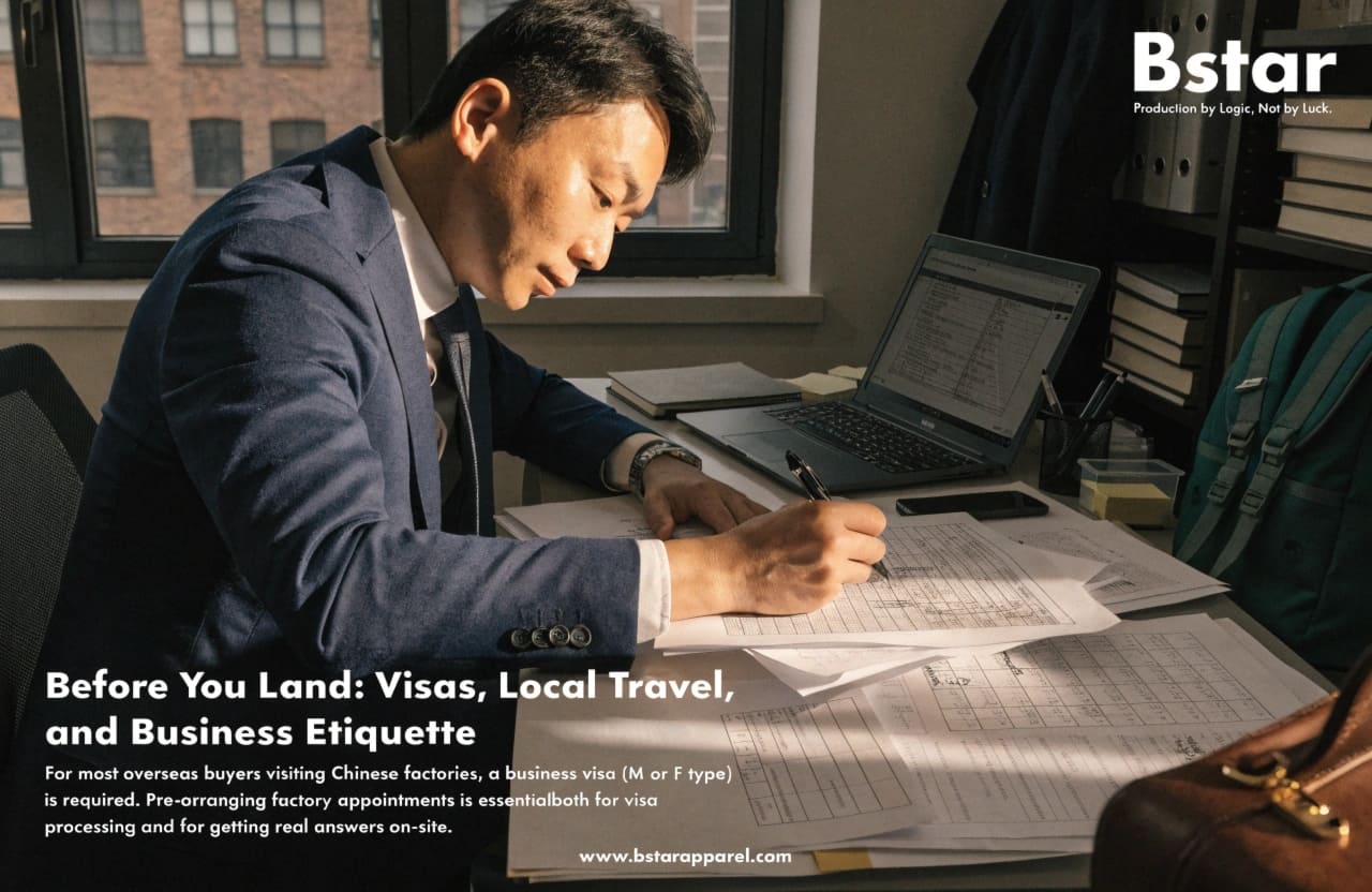 Business traveler preparing documents for a China factory sourcing trip