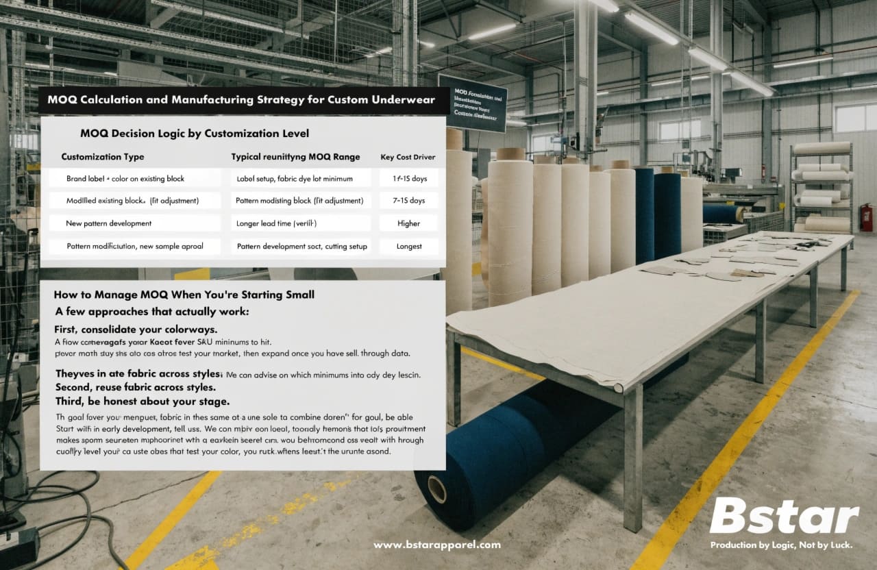 MOQ Calculation and Manufacturing Strategy for Custom Underwear Production floor with fabric rolls and cutting tables for underwear manufacturing