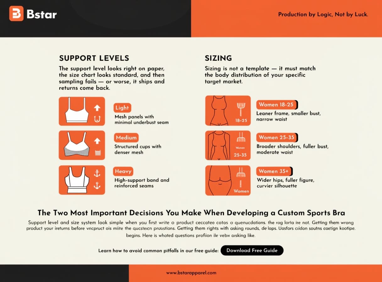 Custom sports bras manufacturing support levels and sizing