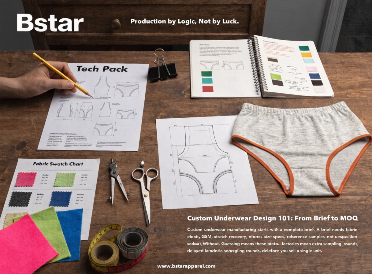 Custom Underwear Design Brief and Tech Pack Essentials Custom underwear design tech pack and fabric swatches on a work table