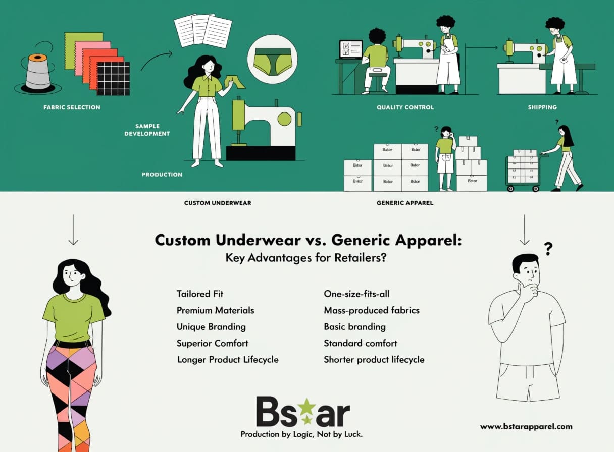 Custom Underwear vs Generic Apparel Key Advantages for Retailers Custom underwear manufacturing process showing fabric selection and sampling