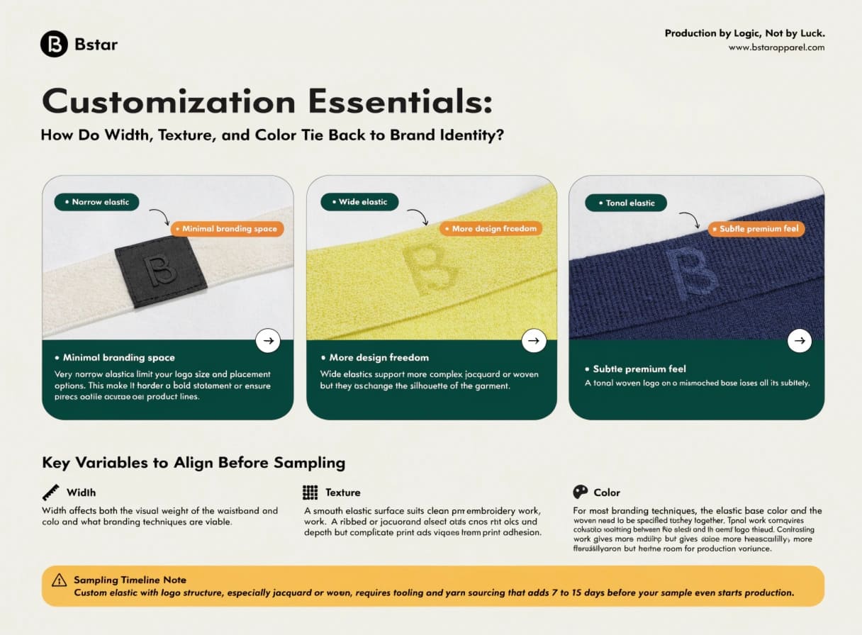 elastic width texture and color matching for brand identity in custom waistbands