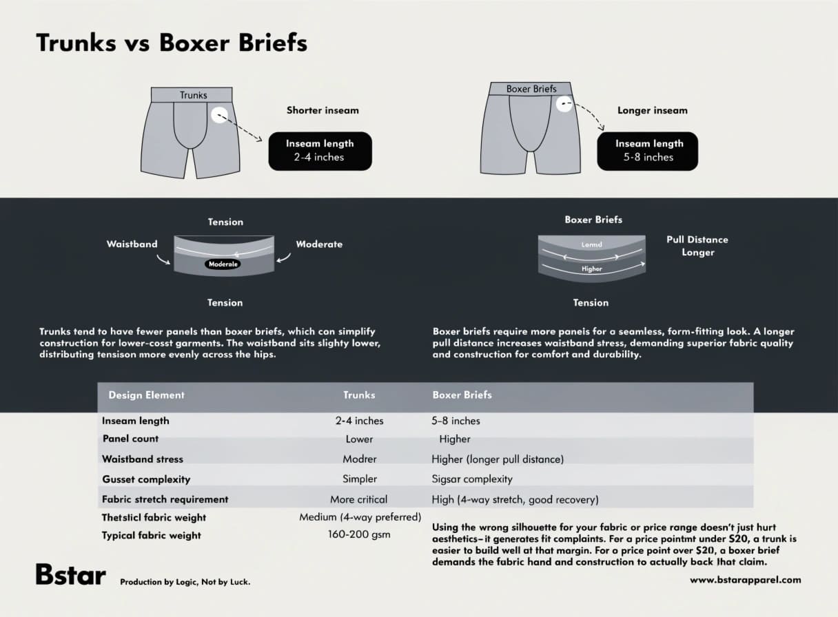 Trunk vs Boxer Brief silhouette design difference diagram