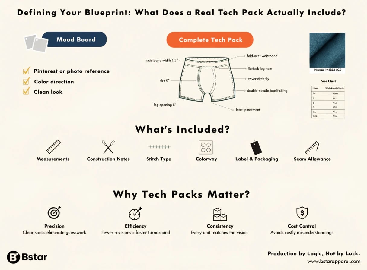 Boxer Brief Tech Pack Flat Sketch and Specifications Flat sketch of boxer briefs with measurement callouts and construction details