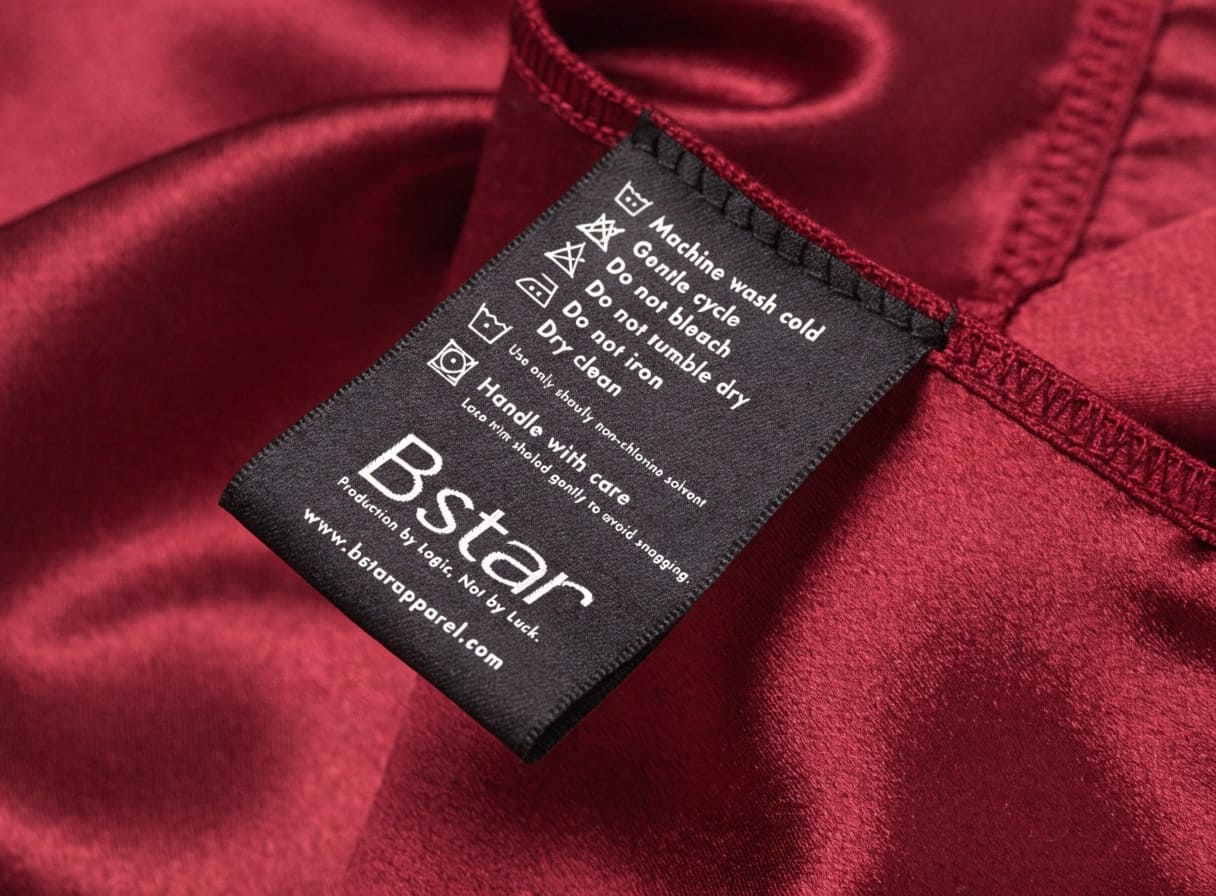 Silk garment care label close-up with washing and handling instructions