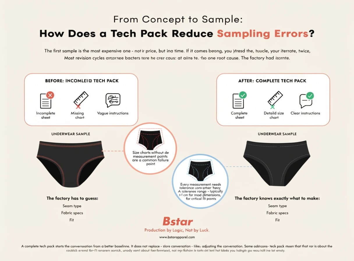 How a Tech Pack Minimizes Sampling Errors in Underwear Manufacturing Before and after comparison of underwear samples with complete vs incomplete tech pack