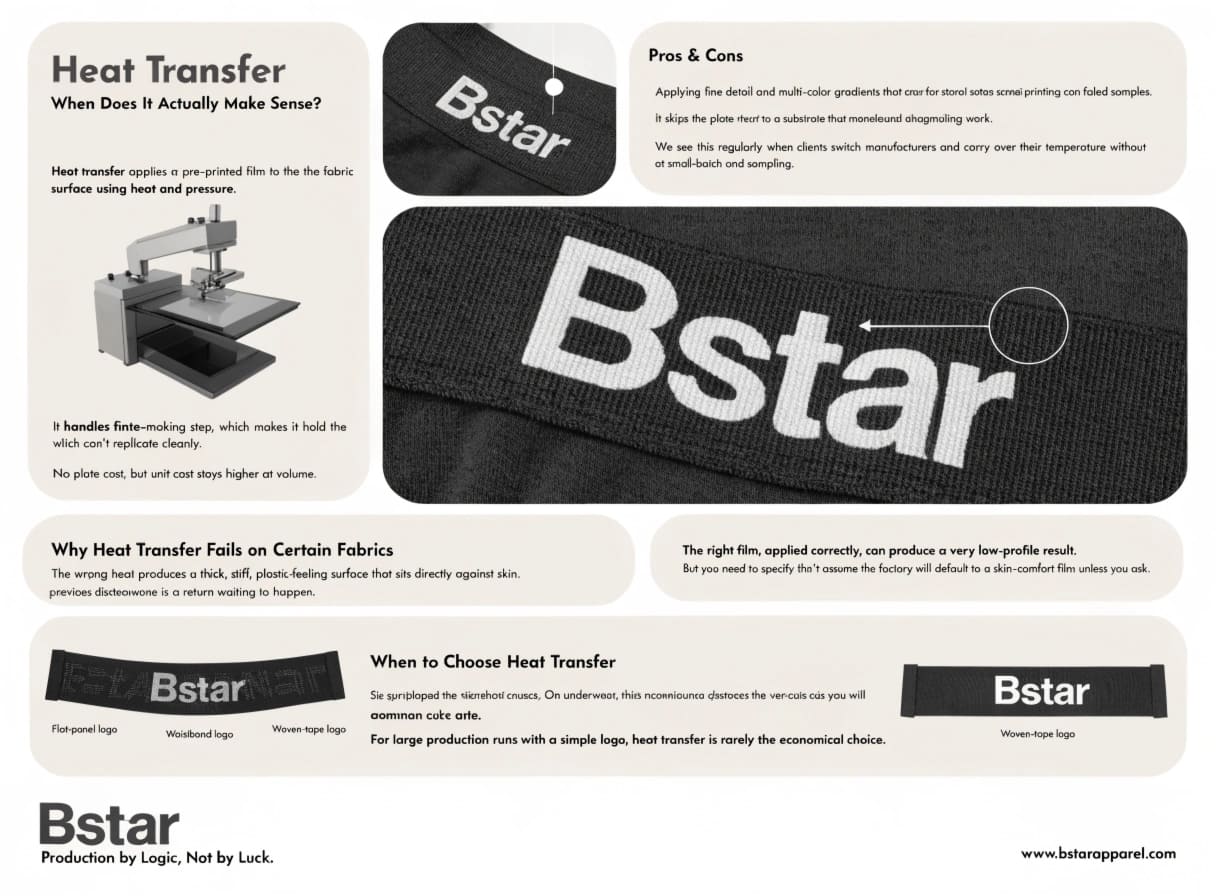 Heat transfer logo application on underwear waistband