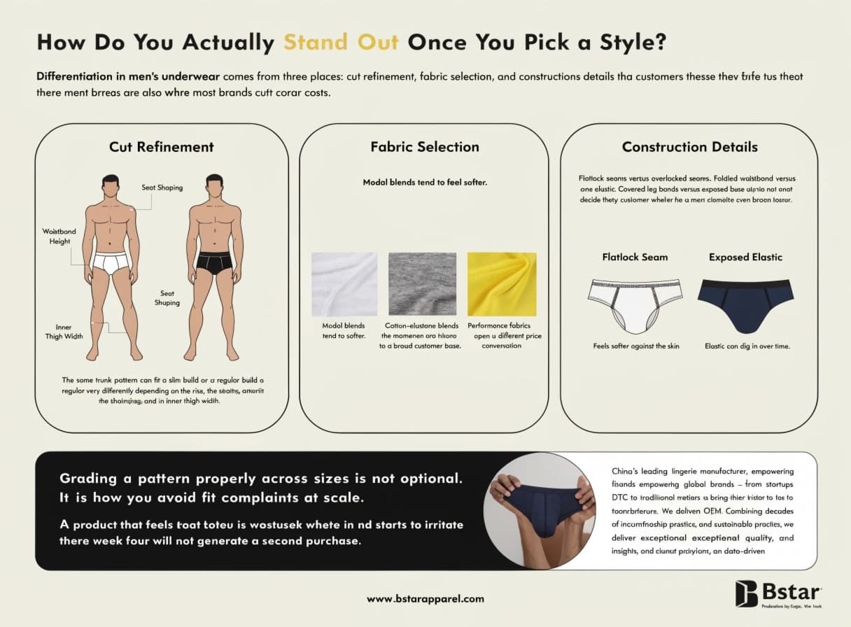 Underwear product differentiation cut fabric construction details