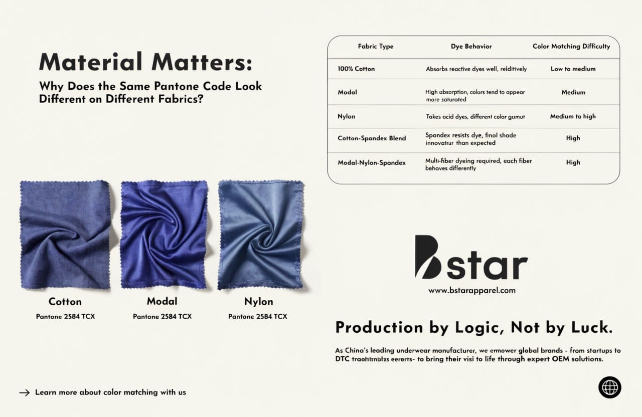 Color Variation Across Fabric Compositions Different fabric swatches showing color variation on modal vs cotton vs nylon