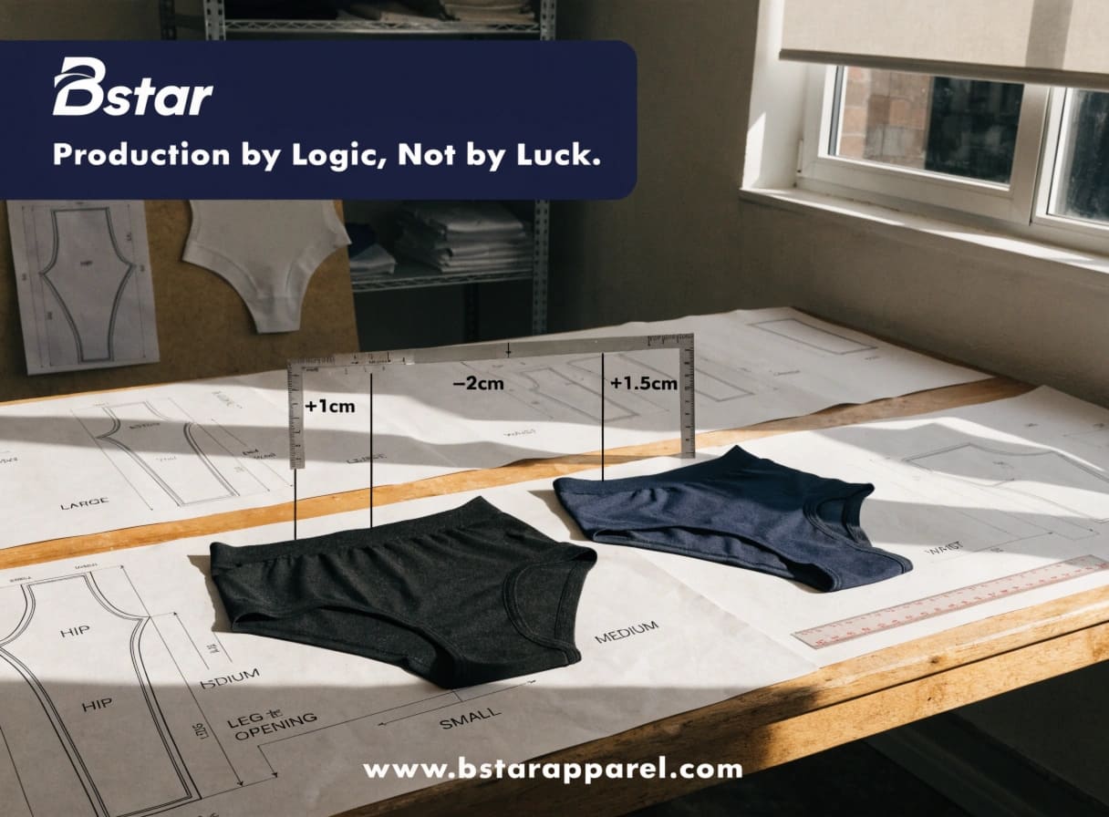 Pattern Grading and Size Specifications for Custom Underwear Underwear pattern grading and size spec comparison on a cutting table