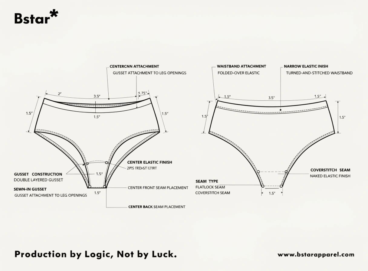 Technical Flat Sketches for Underwear Manufacturing Underwear flat sketch technical drawing with construction callouts front and back view