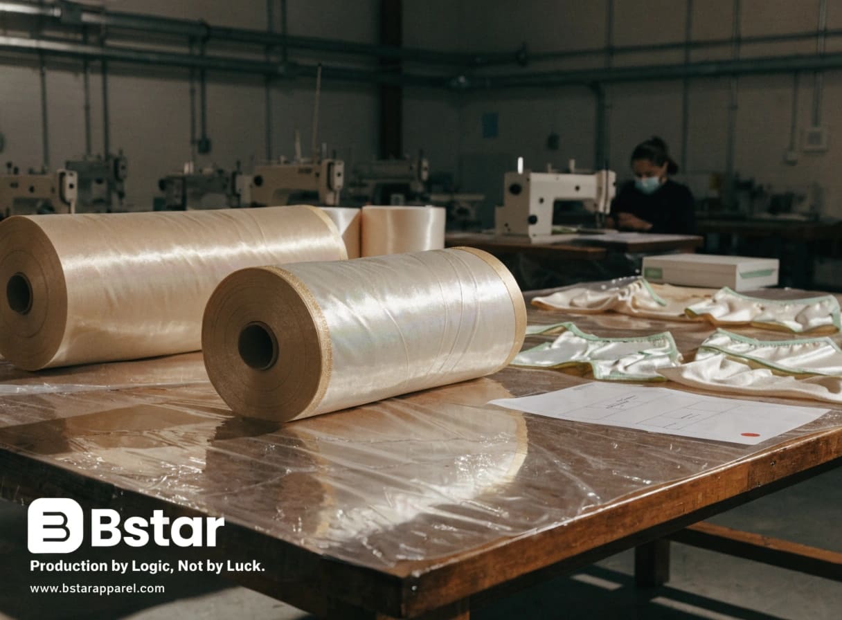 Silk underwear fabric rolls and finished garment samples on a production table