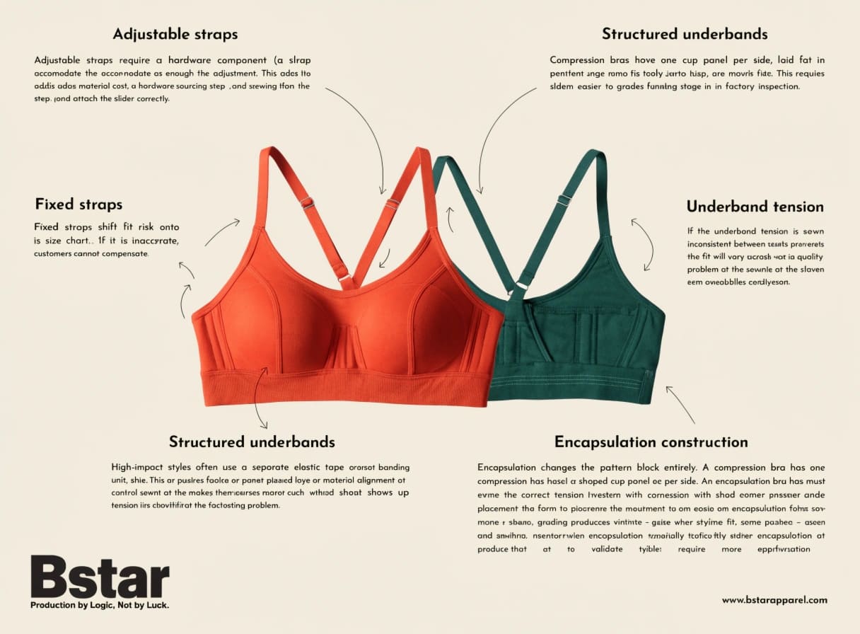 Technical construction adjustable straps underbands encapsulation sports bra
