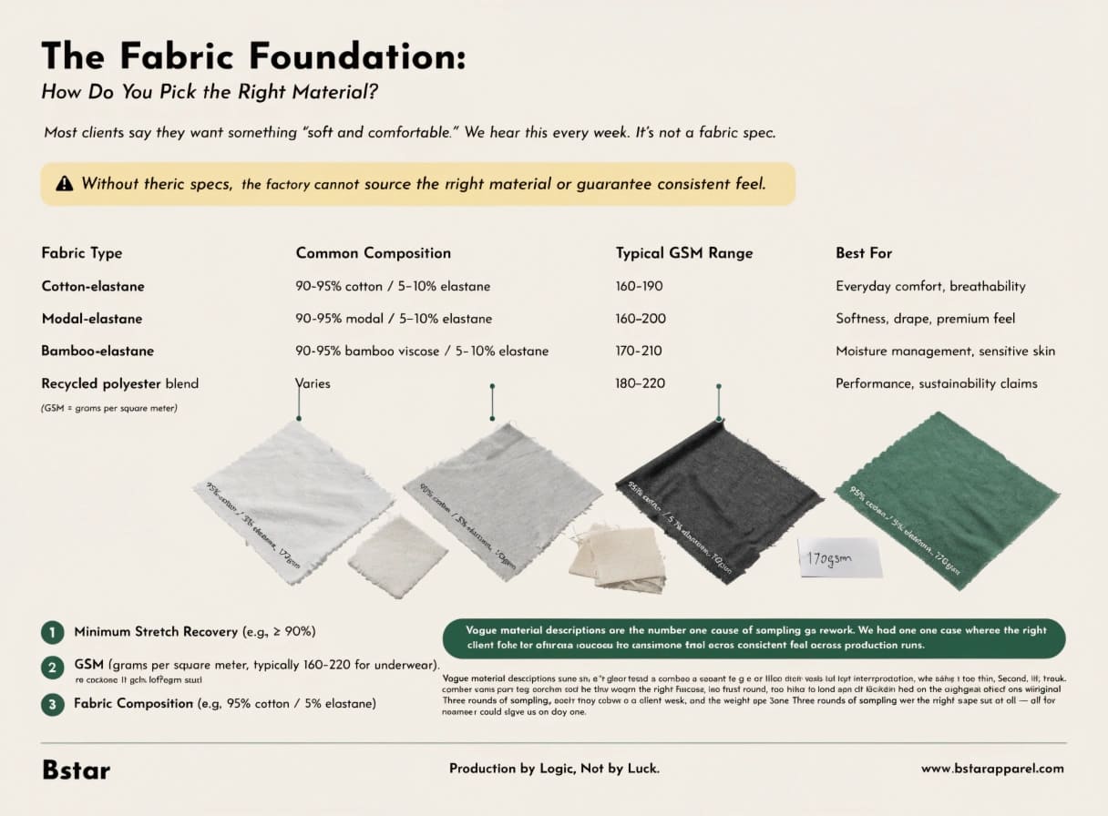 Performance Fabric Selection for Custom Underwear Fabric swatches and GSM weight samples for underwear manufacturing