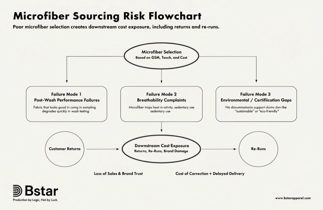Flowchart showing how poor microfiber selection leads to downstream cost exposure including returns and re-runs