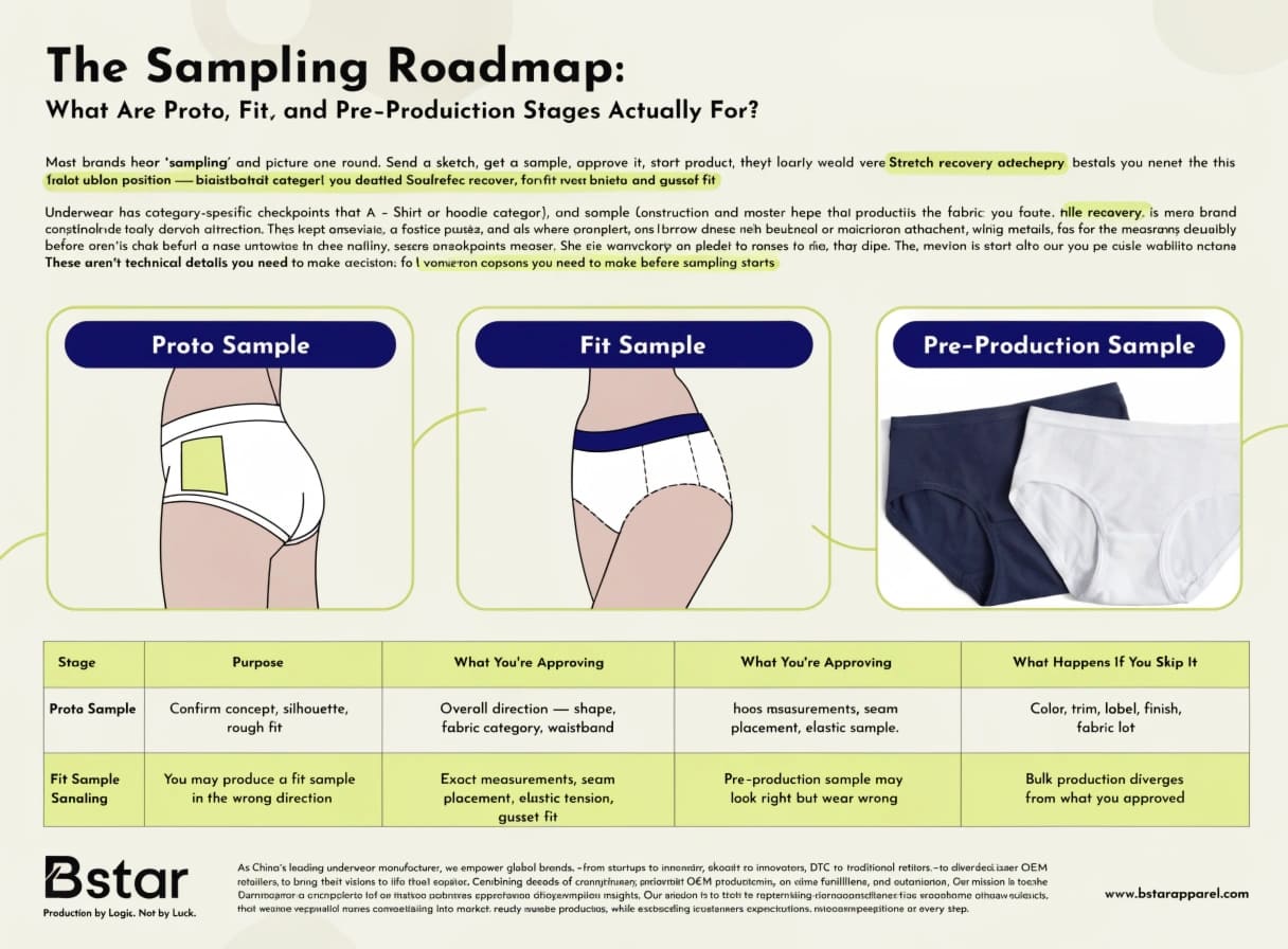 Three stages of underwear sampling proto fit pre-production