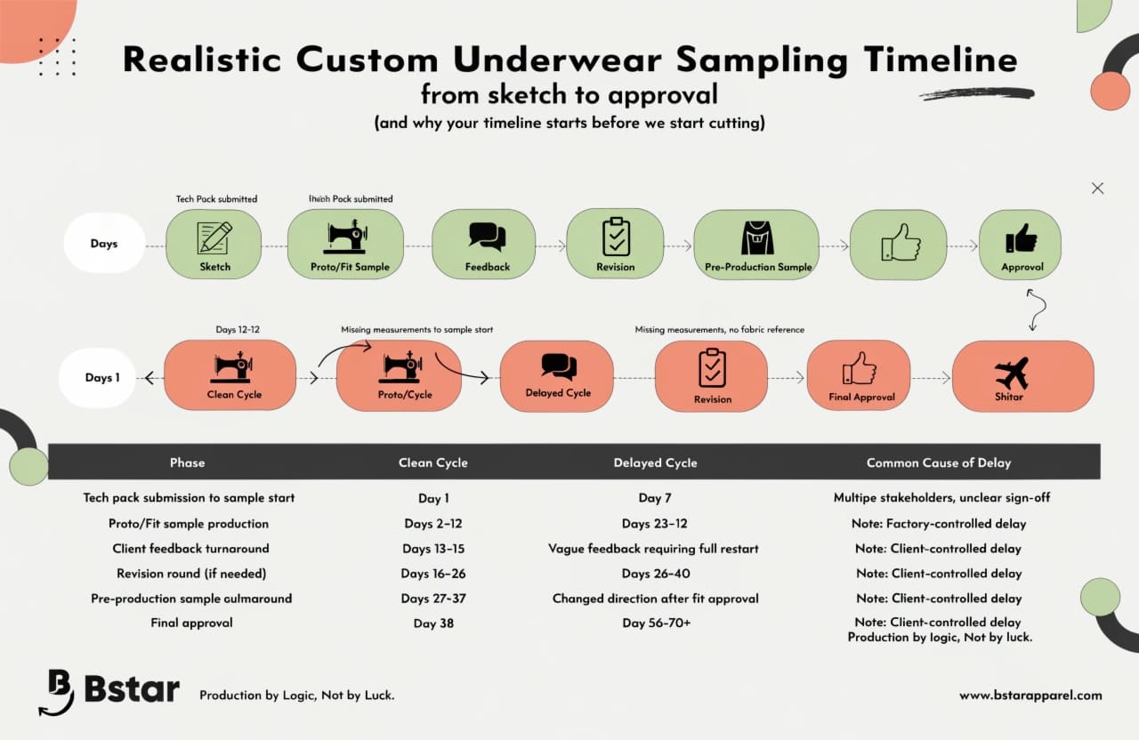 Realistic underwear sampling timeline from sketch to approval