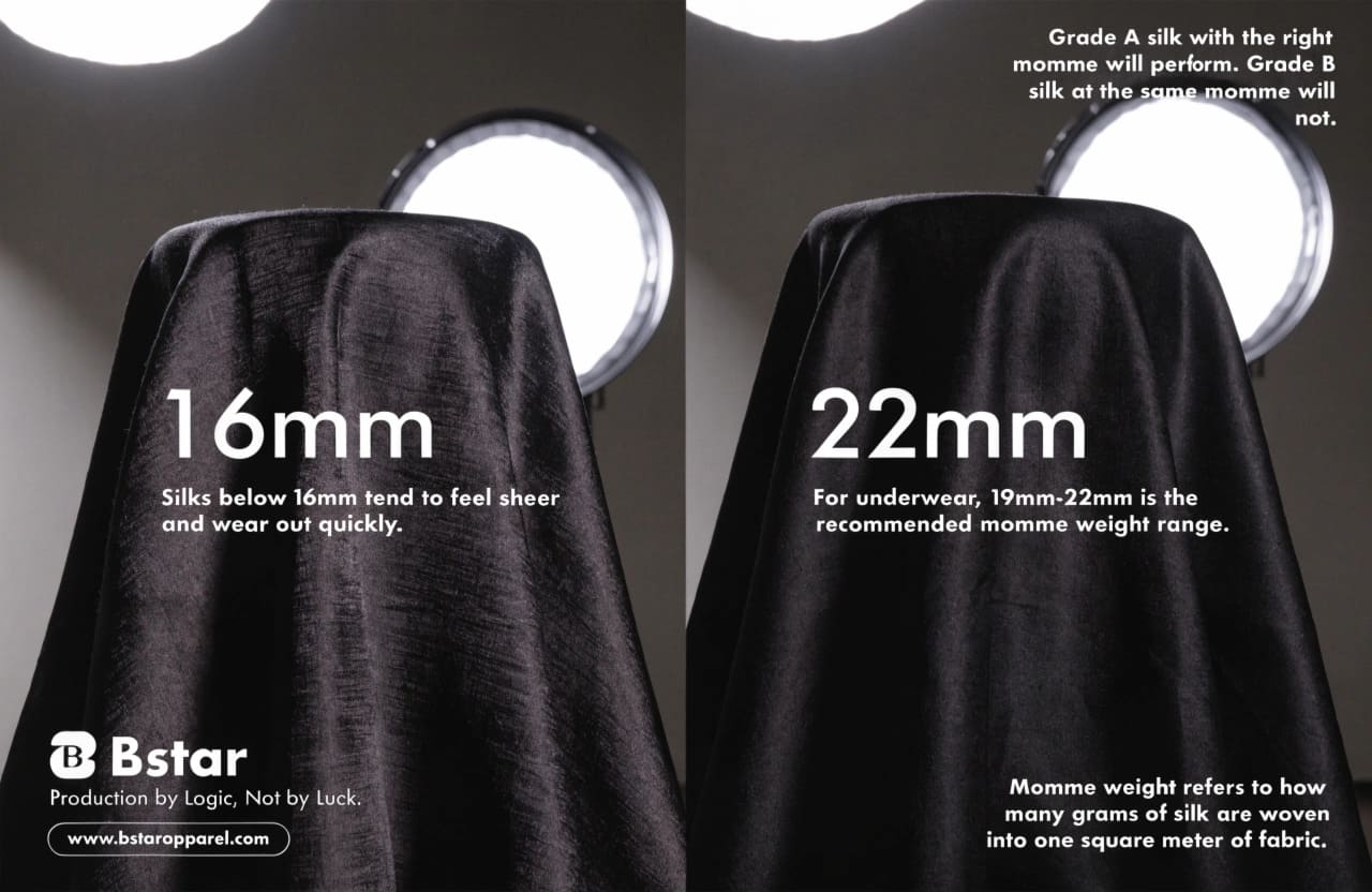 Close-up comparison of 16mm vs 22mm silk fabric swatches under production lighting