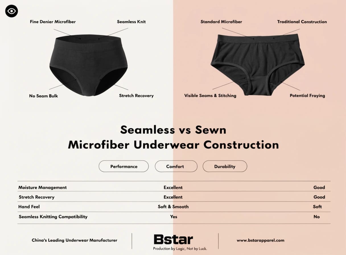 Side-by-side comparison of seamless microfiber underwear construction vs. traditional sewn construction