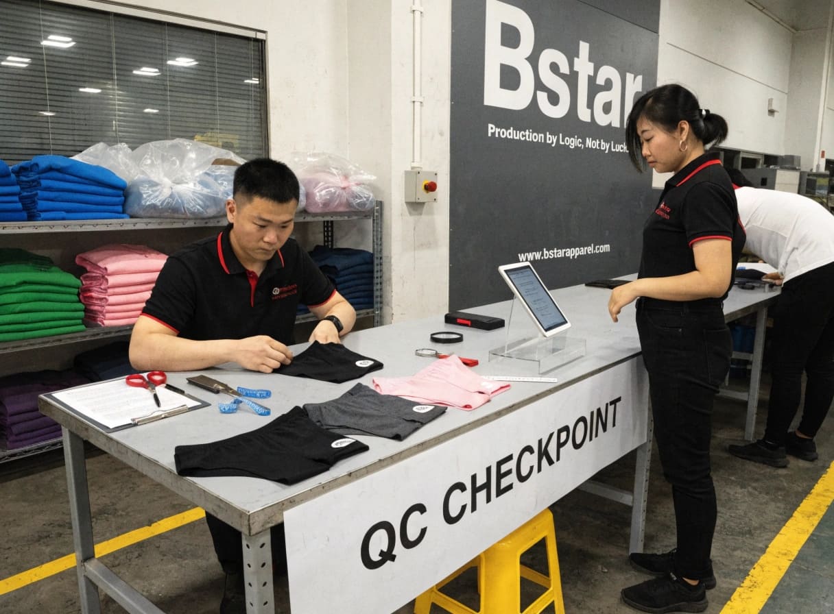 Quality control inspection station inside a knitwear underwear factory in China