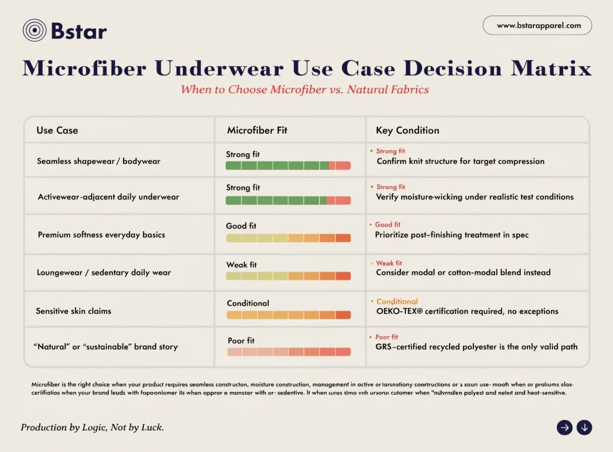Decision matrix showing microfiber suitability across underwear use cases including activewear, shapewear, and everyday basics