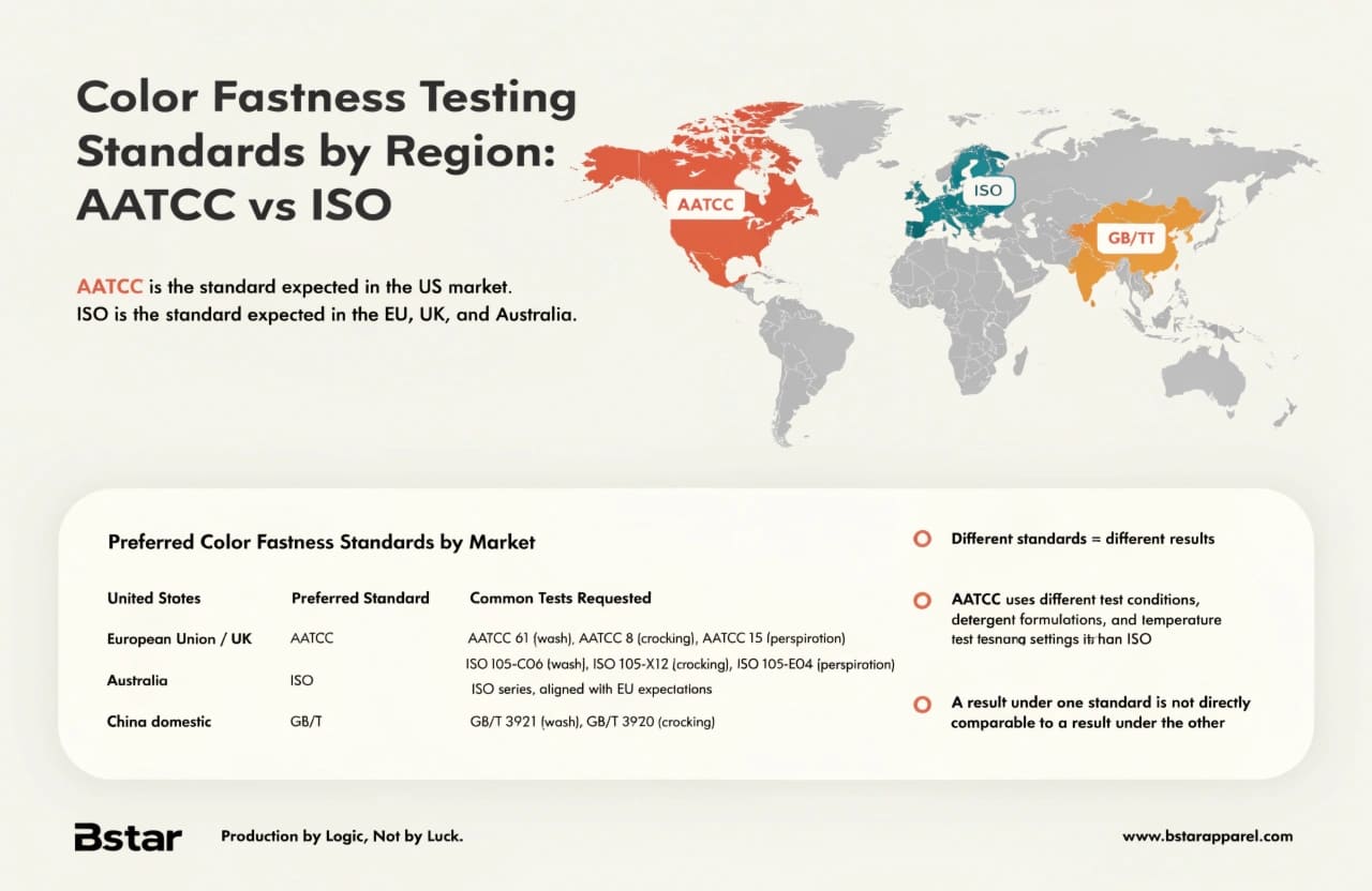 Map showing AATCC vs ISO testing standards by market region