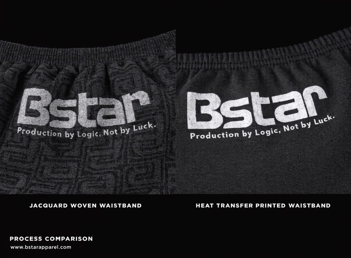 Waistband Aesthetic Comparison Close Up Jacquard woven waistband vs heat transfer printed waistband close-up
