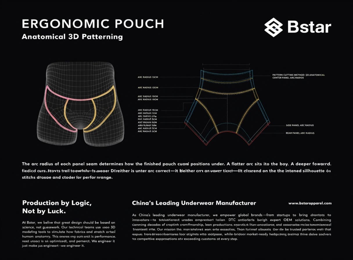 3D Anatomical Patterning for Ergonomic Pouch Construction 3D pouch pattern cutting diagram with arc radius annotations