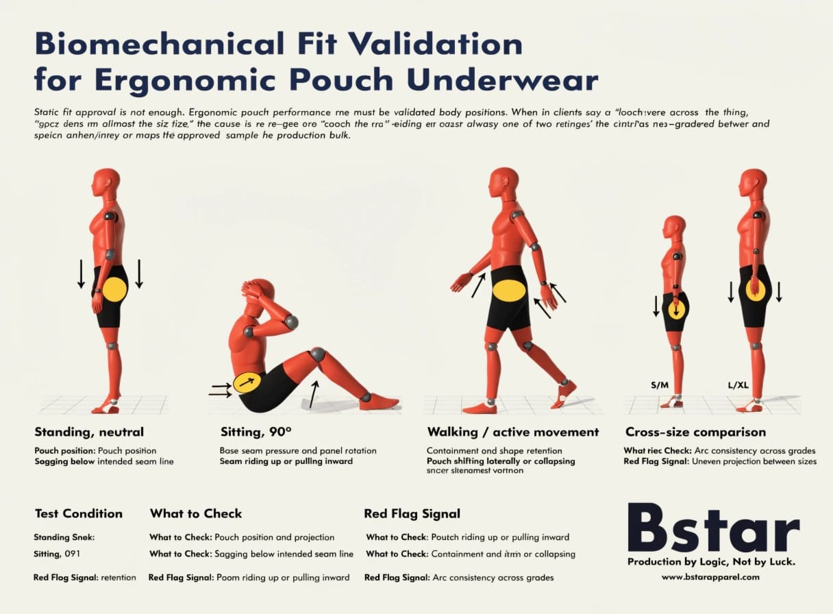 Biomechanical Fit Validation for Ergonomic Pouch Underwear Dynamic fit testing for ergonomic pouch underwear across multiple body positions