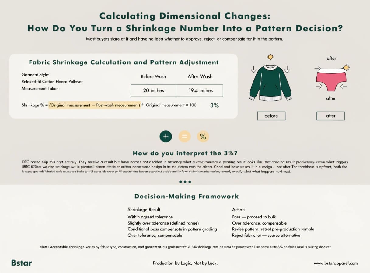 Fabric Shrinkage Calculation and Pattern Adjustment Shrinkage calculation worksheet showing before and after measurements with formula