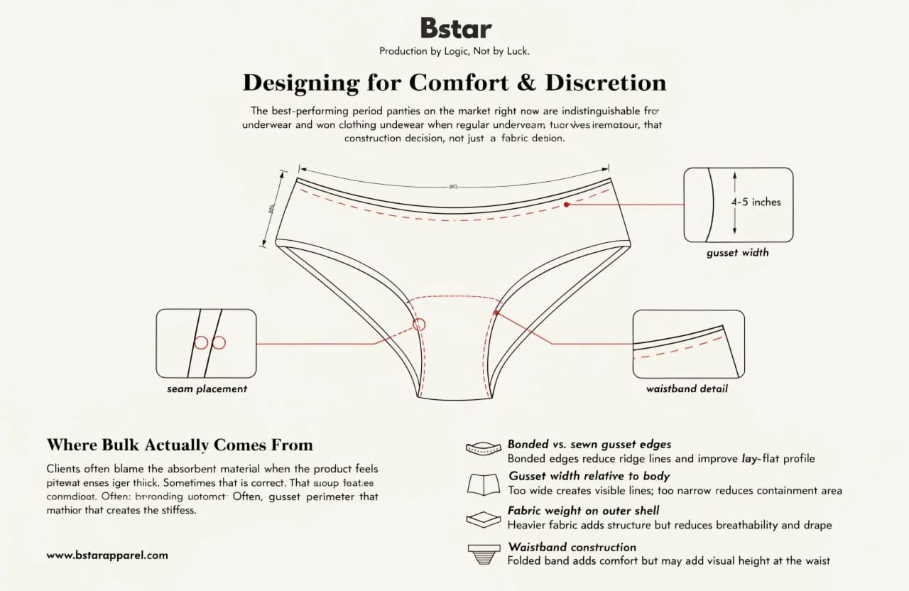 Period Panty Comfort and Discretion Design Details Period panty design sketch showing gusset width, seam placement, and waistband detail