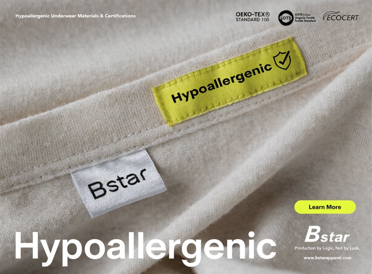 Hypoallergenic underwear materials and certifications Hypoallergenic underwear fabric closeup with certification tags
