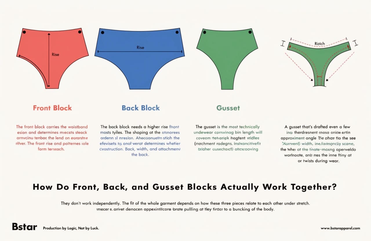 Drafting underwear front back and gusset pattern blocks