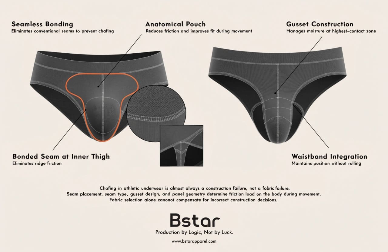 Seamless Bonding and Anatomical Pouch Design for Athlete Underwear seamless bonding and anatomical pouch construction in athletic underwear