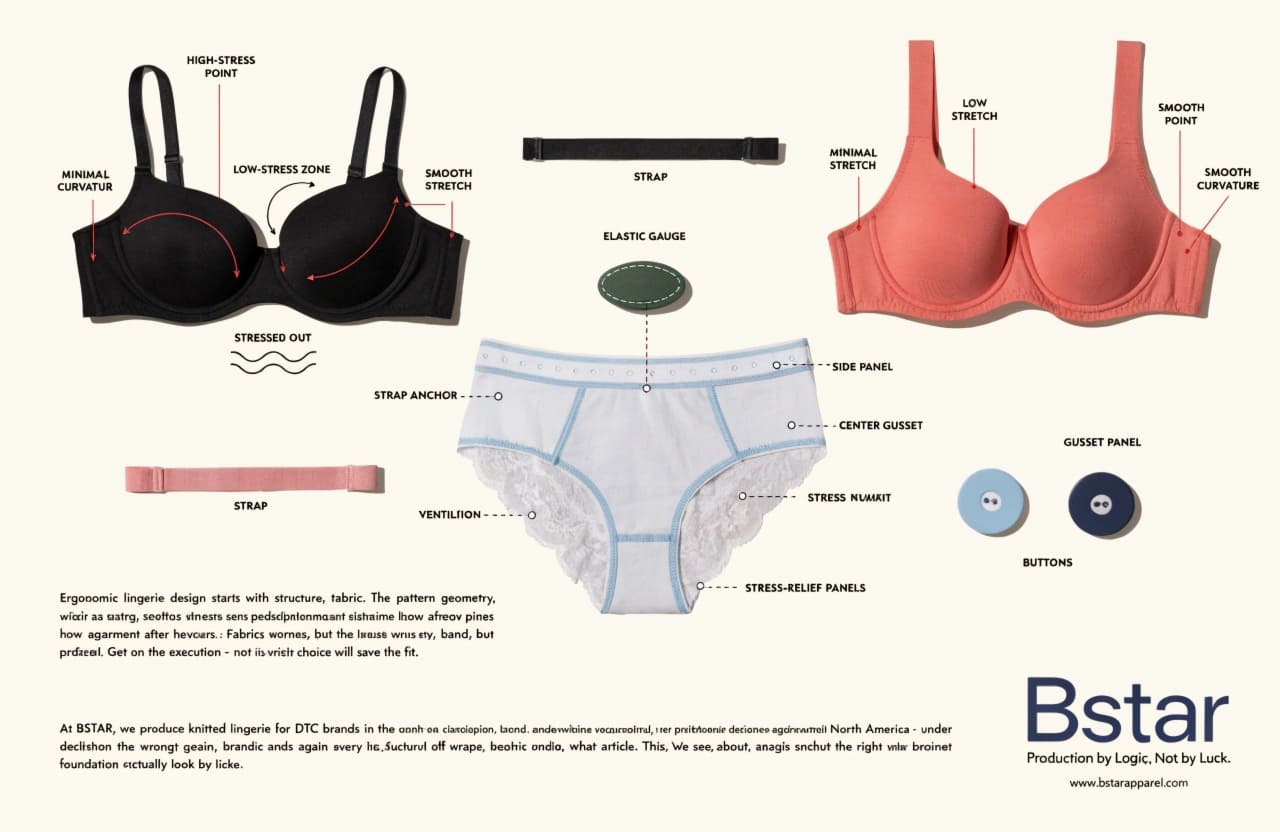 Ergonomic Design in Women's Lingerie Women's lingerie ergonomic design flat lay with structural annotations