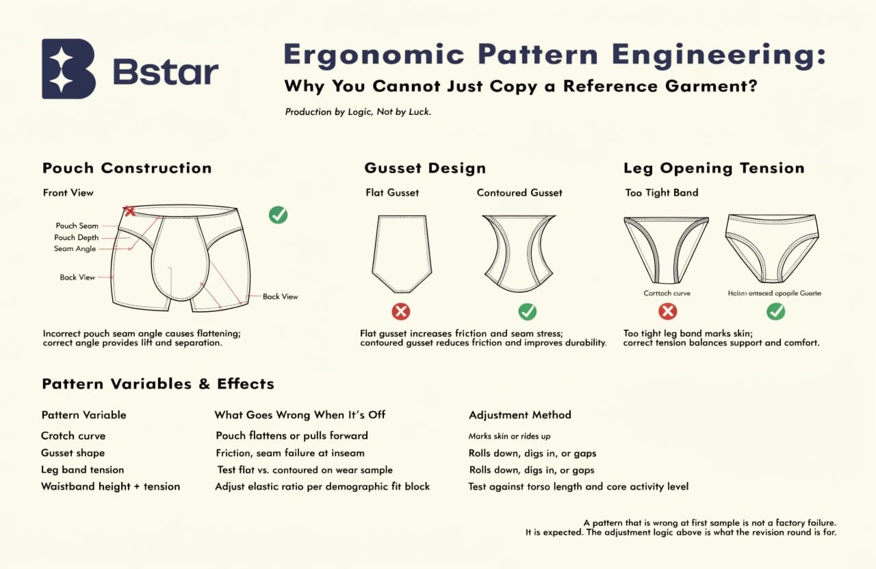 Ergonomic Pattern Engineering for Boxer Briefs Ergonomic boxer brief pattern engineering pouch and gusset design