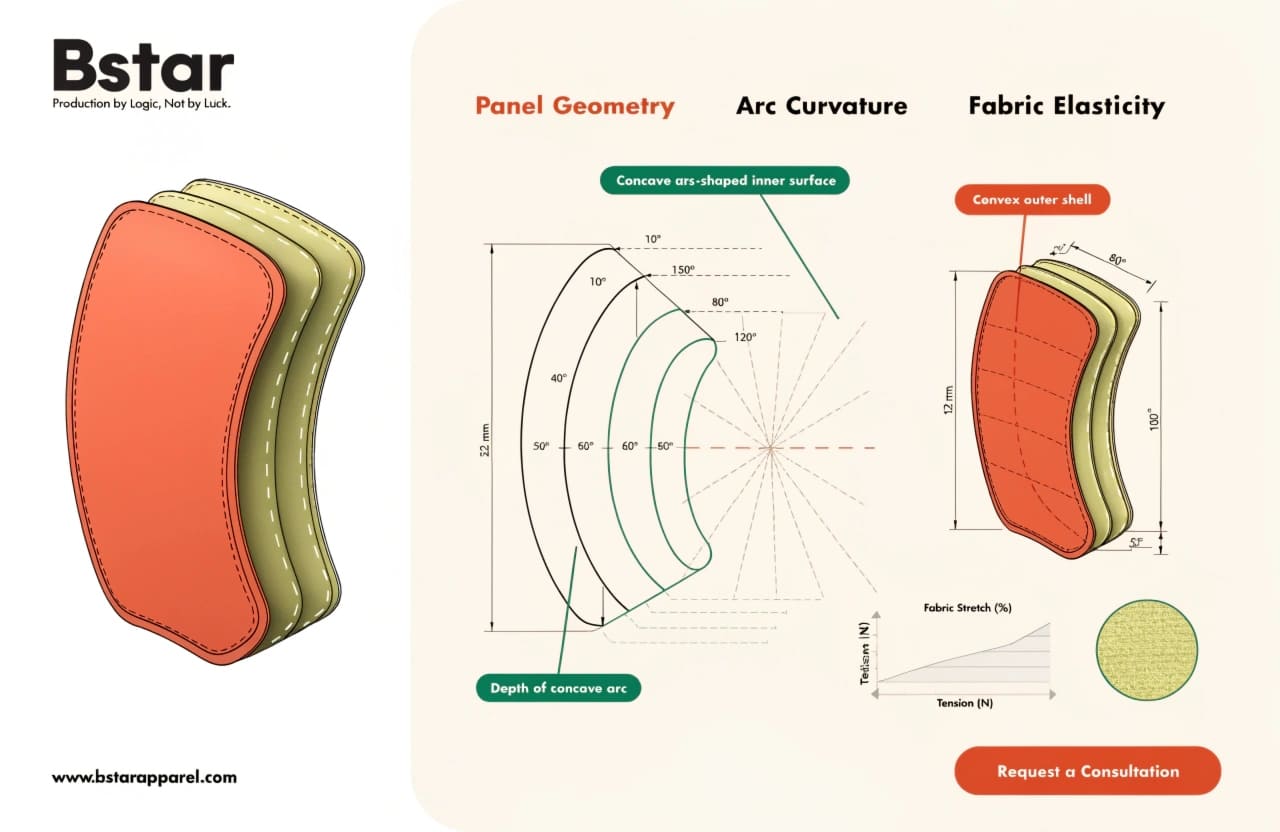 Ergonomic Pouch Design: Panel Geometry and Arc Curvature Ergonomic pouch design blueprint showing 3D panel geometry and arc curvature