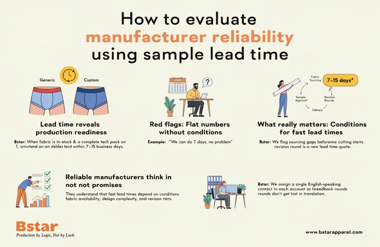 Evaluating boxer brief manufacturer reliability How to evaluate manufacturer reliability using sample lead time