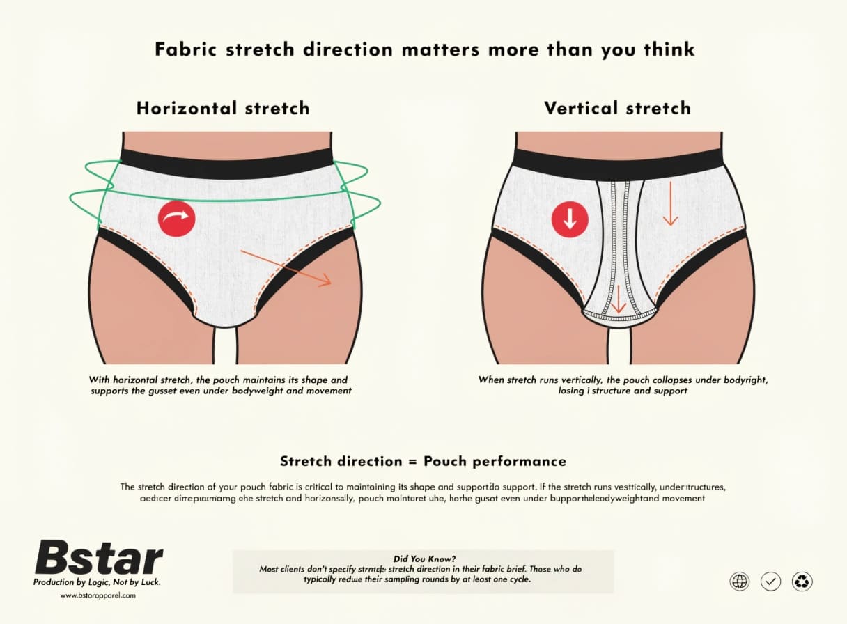 Fabric stretch direction and elasticity in pouch design fabric stretch direction for underwear pouch