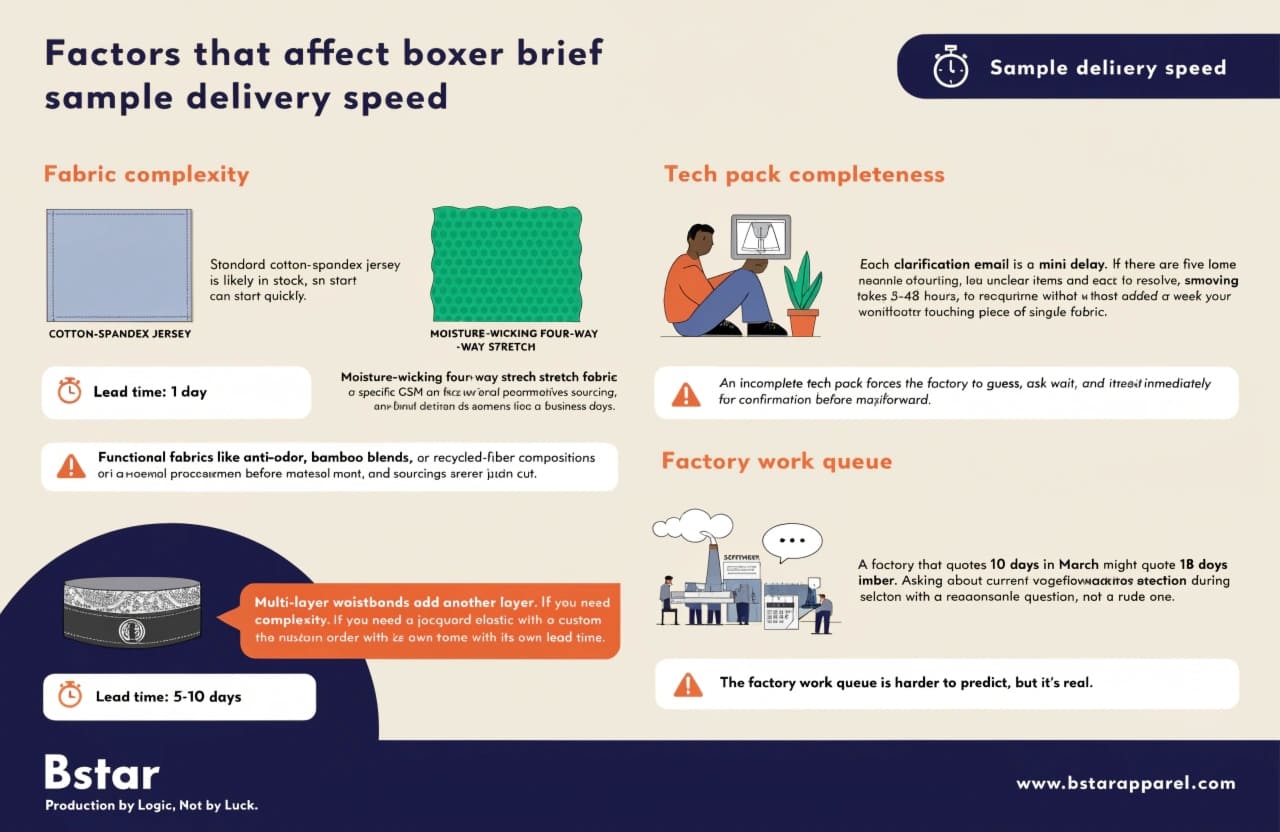 Factors influencing sample lead time Factors that affect boxer brief sample delivery speed