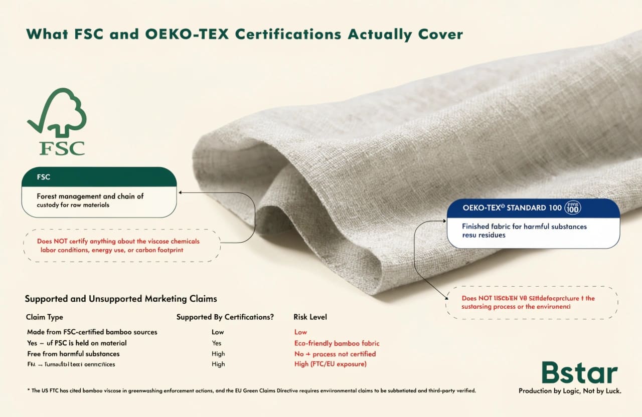 What FSC and OEKO-TEX Certifications Actually Cover Certification logos FSC and OEKO-TEX on a fabric swatch with annotation boxes