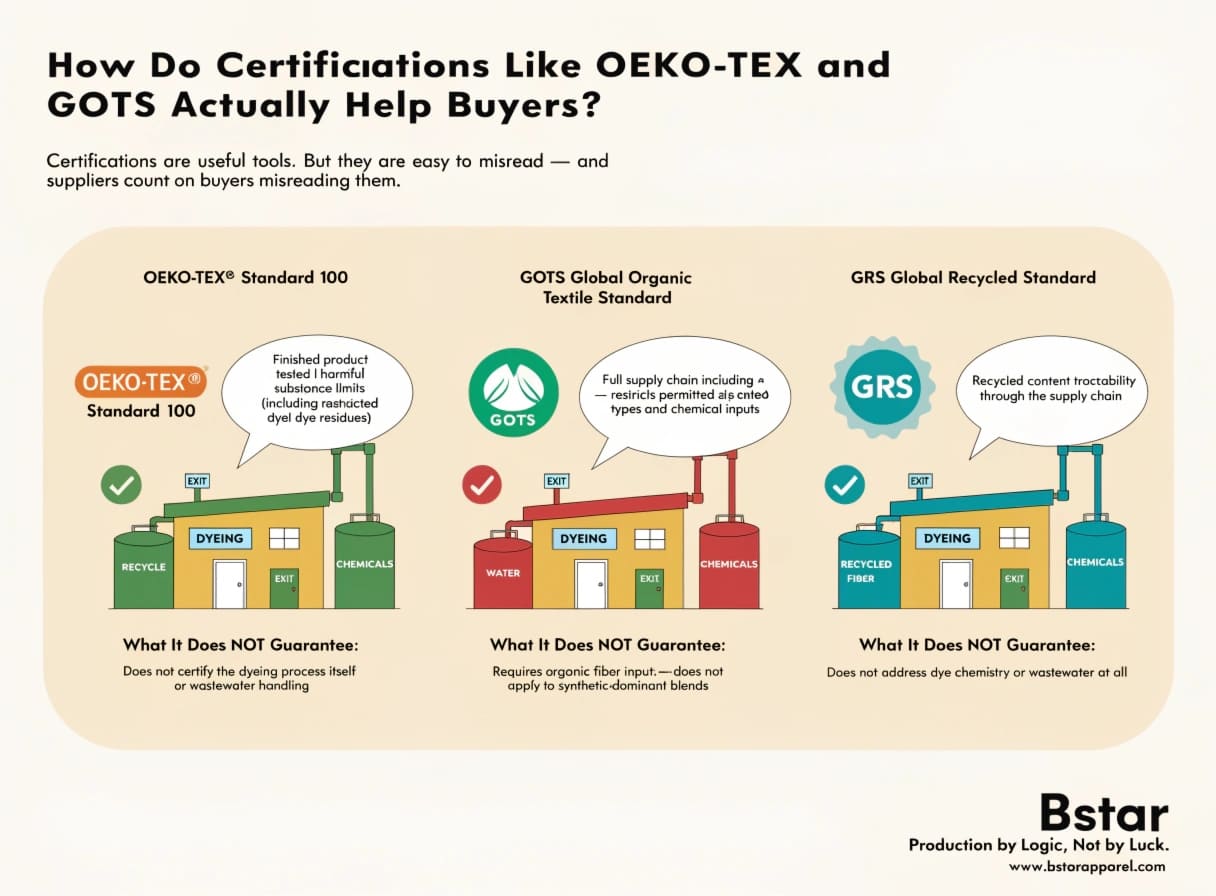 Sustainable fabric dyeing certifications explained OEKO-TEX GOTS GRS certifications for sustainable fabric dyeing